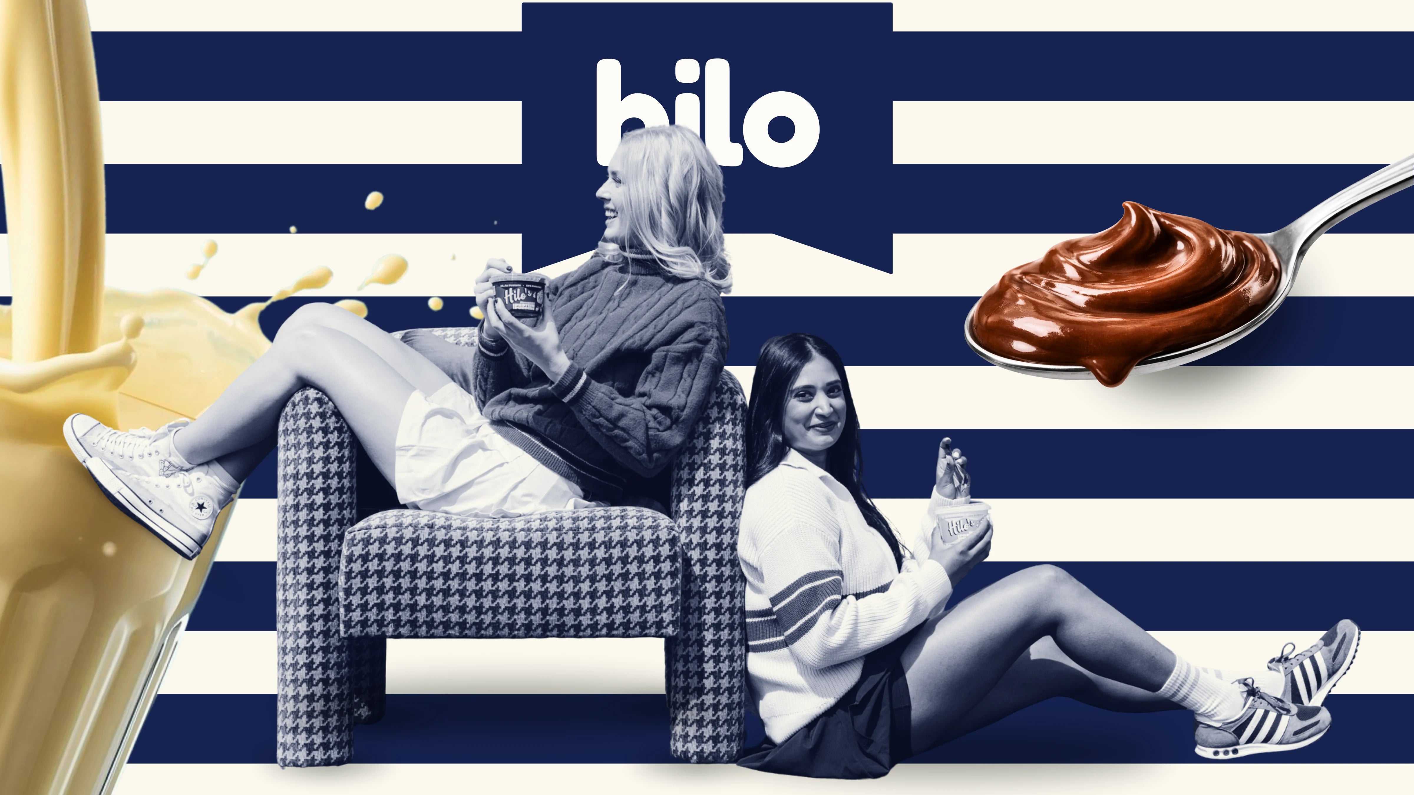 Two people sitting on a couch, eating Hilo protein pudding with a striped background featuring the brand 'hilo'. A spoon of chocolate pudding enters the right hand side, a glass of protein milk enters from the left hand side. 