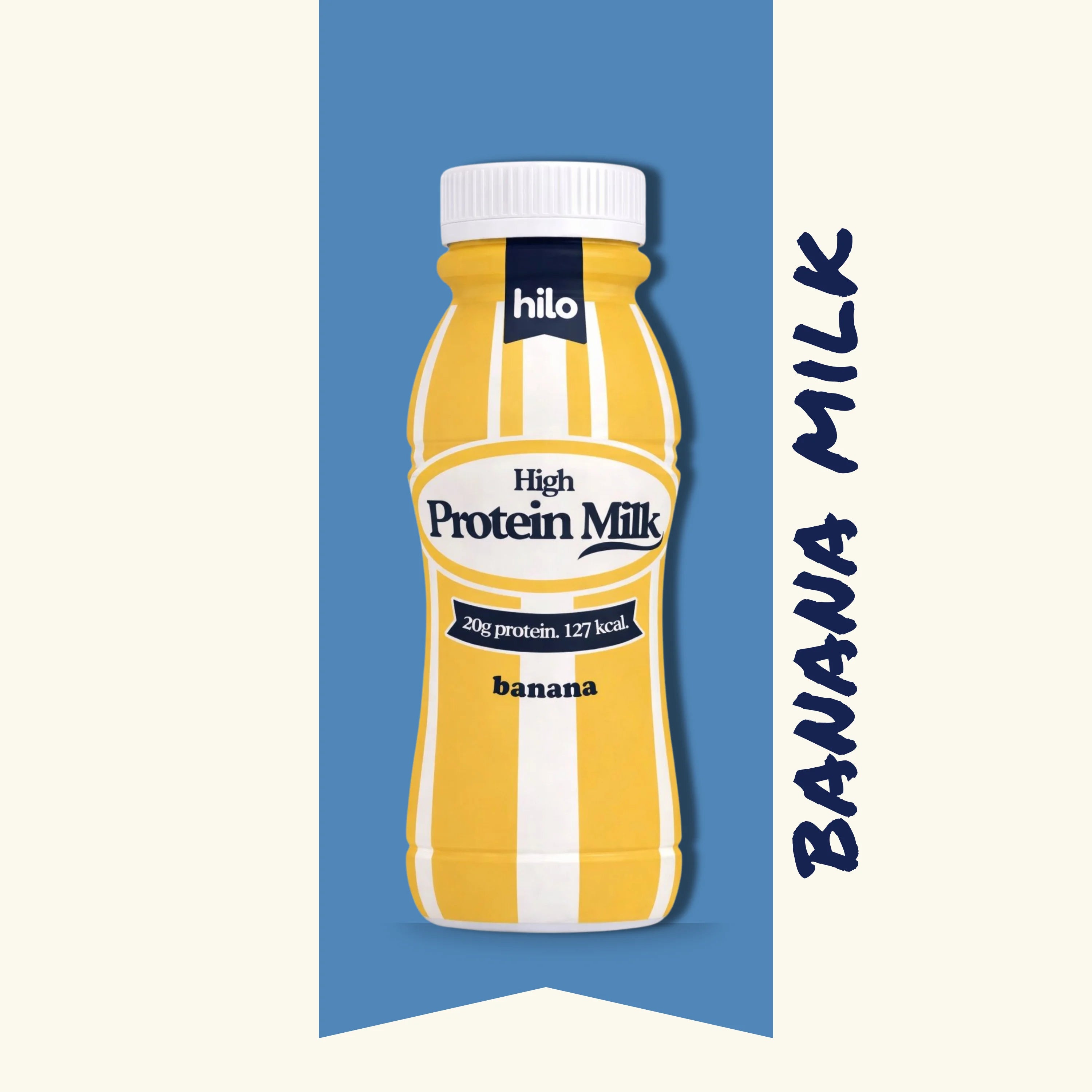 Bottle of High Protein Banana Milk with 'hilo' branding on a blue and white background.