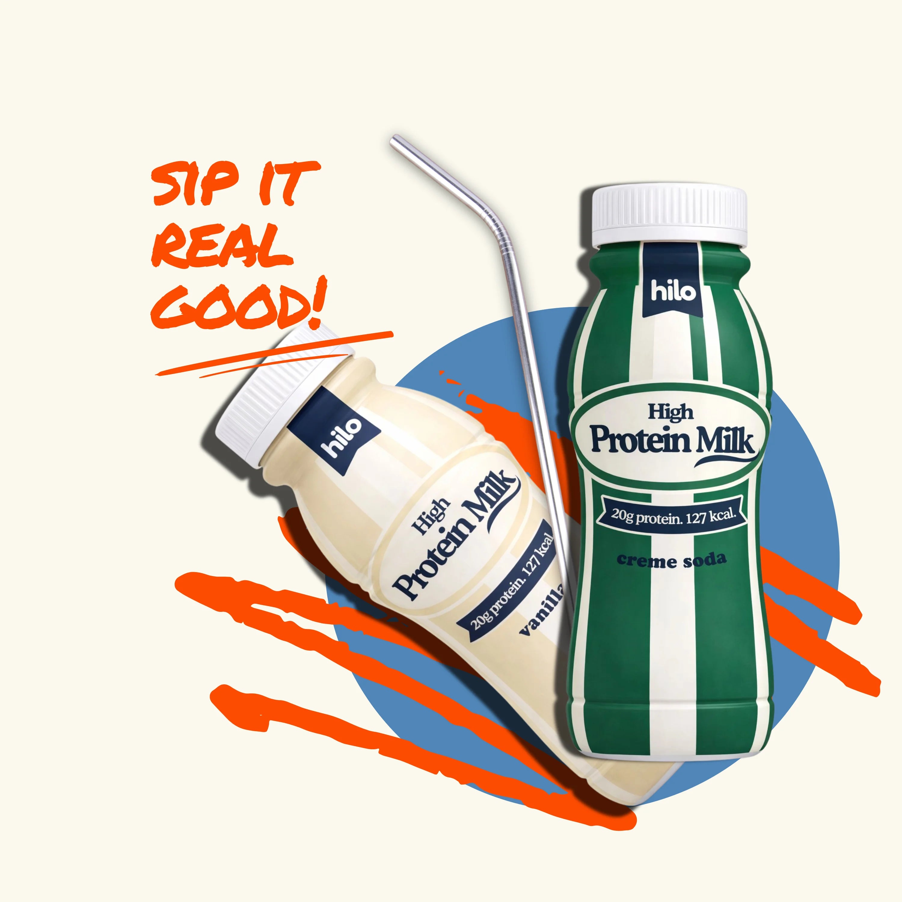 Two bottles of hilo High Protein Milk with a straw on a colorful background. Orange text stating "Sip it real good".
