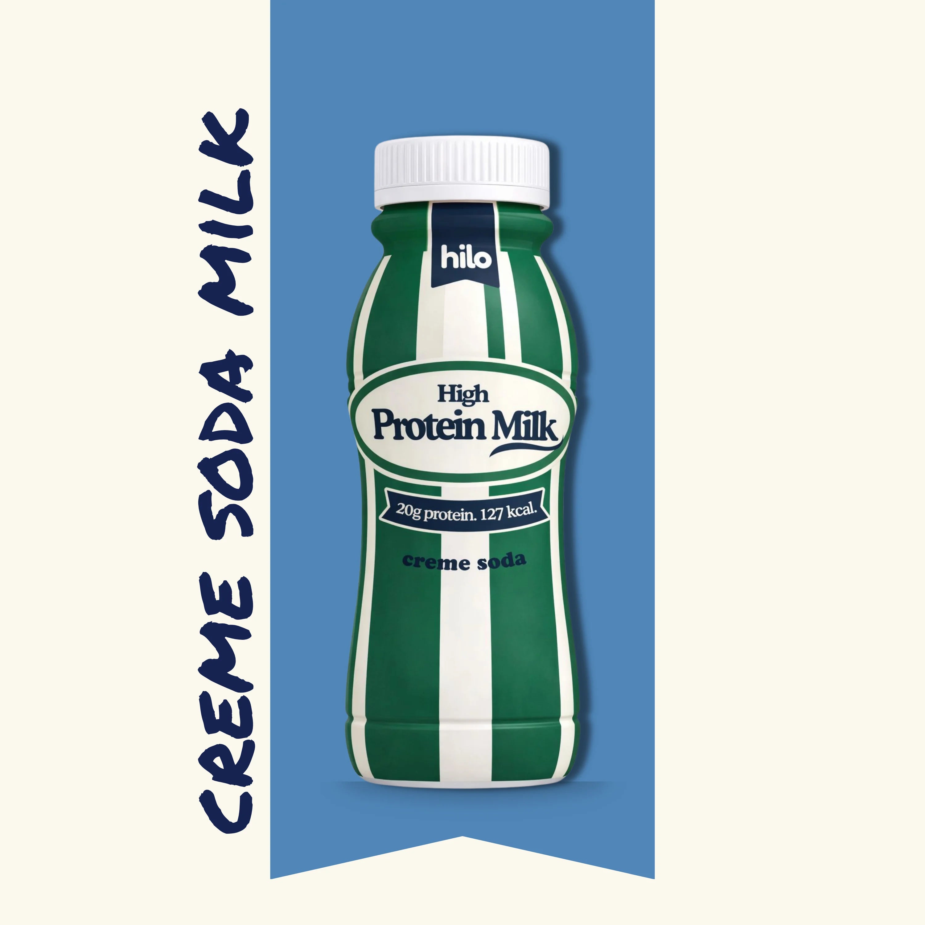 Bottle of High Protein Creme Soda Milk with 'hilo' branding on a blue and white background.