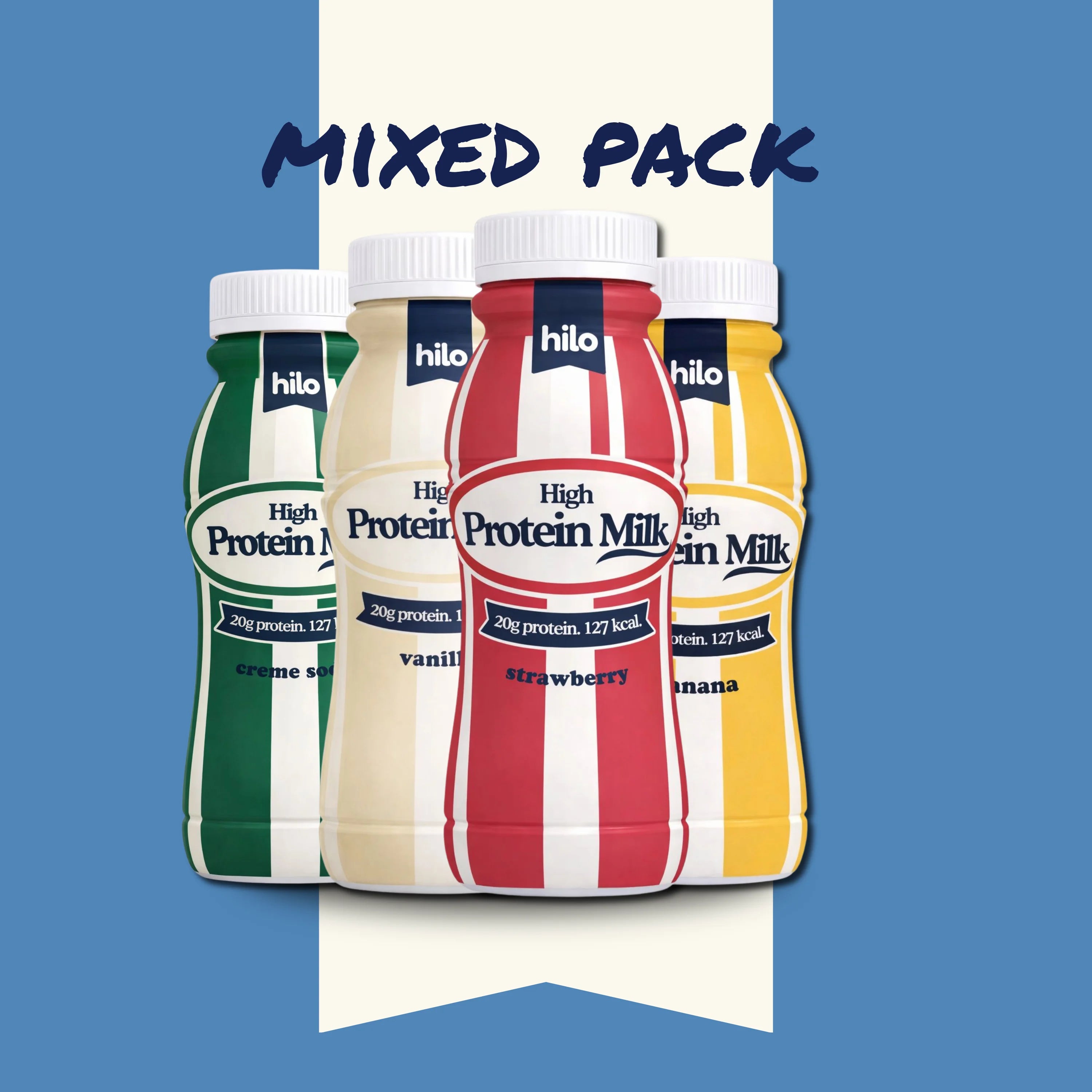 Four bottles of hilo High Protein Milk in different flavors on a blue background with 'Mixed Pack' text.
