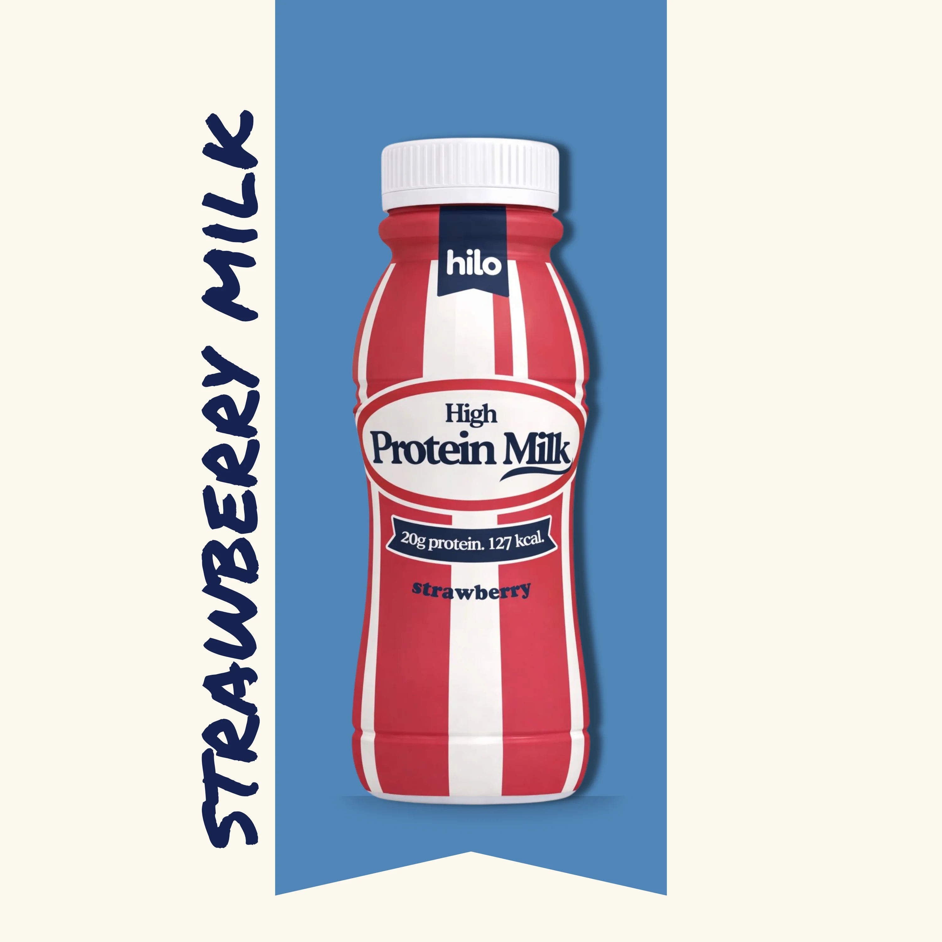 Bottle of High Protein Strawberry Milk with 'hilo' branding on a blue and white background.