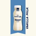 Bottle of hilo High Protein Vanilla Milk on a blue and white background