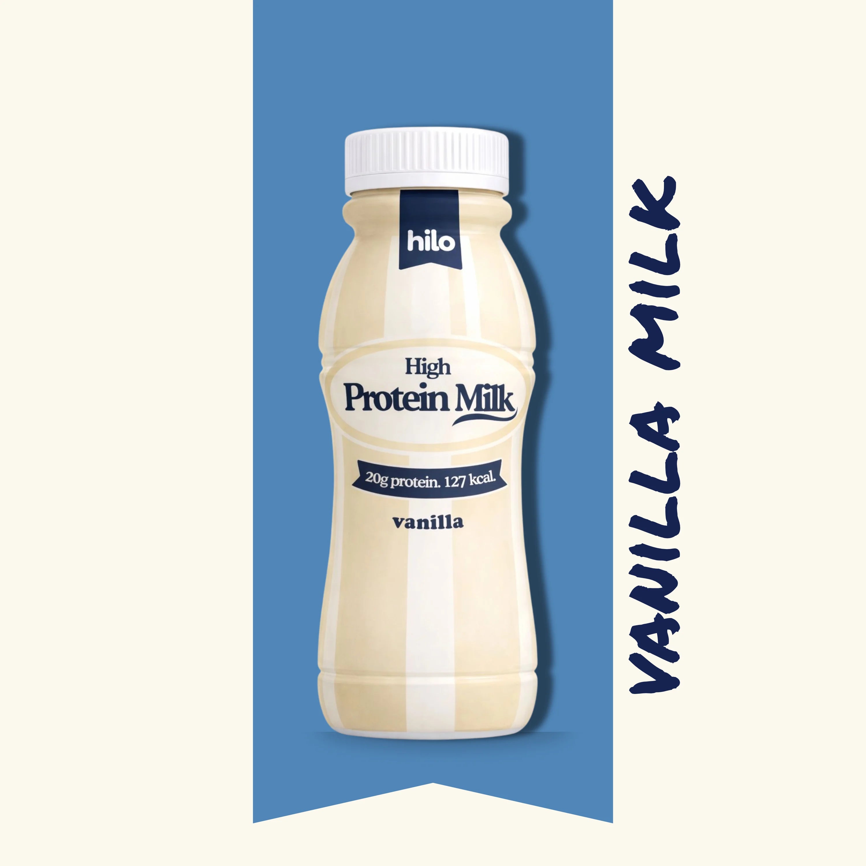 Bottle of hilo High Protein Vanilla Milk on a blue and white background