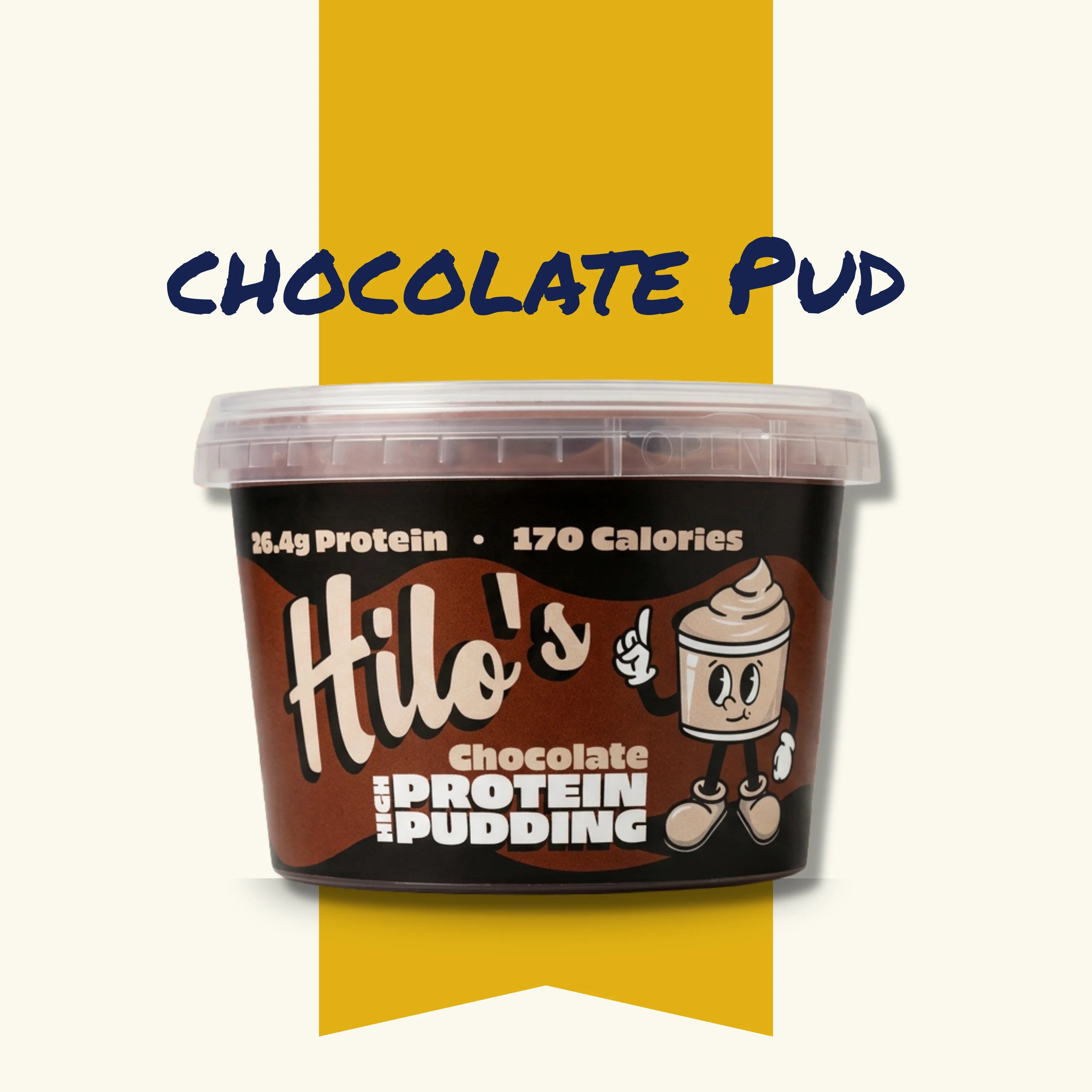 Hilo's Chocolate Protein Pudding container with text on a white background