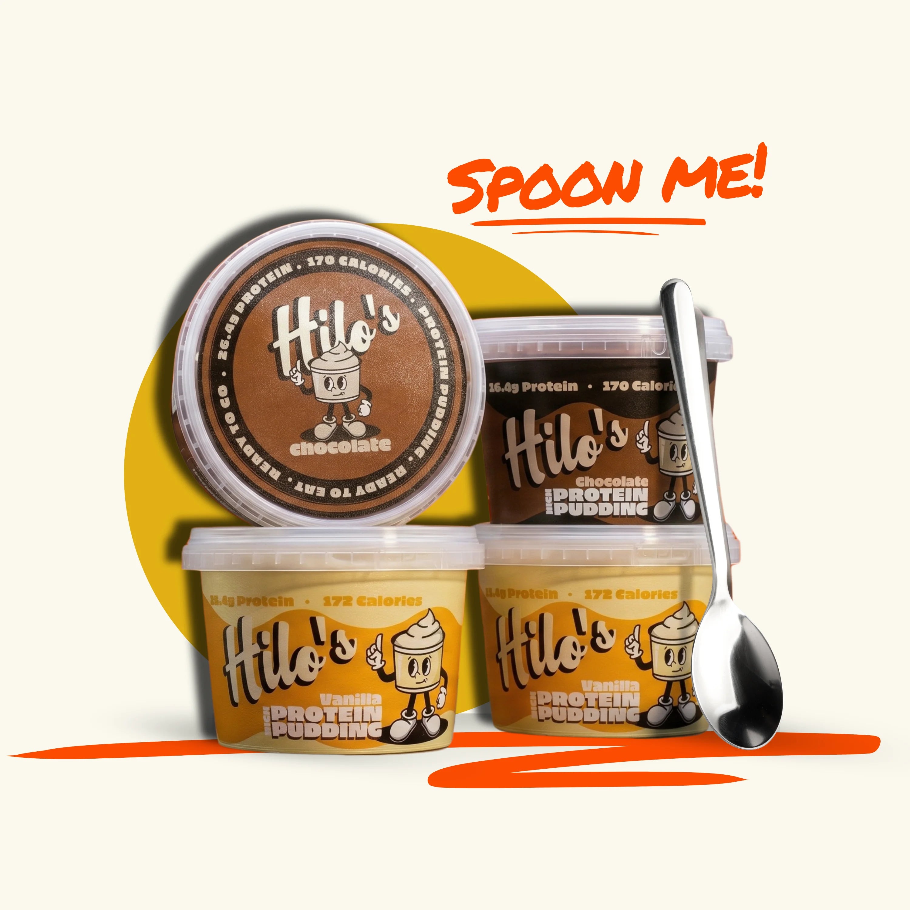 Hilo's Protein Pudding containers with a spoon on a white background. Orange text stating "Spoon me!"