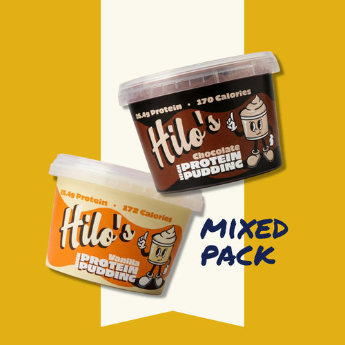 Two containers of Hilo's protein pudding on a yellow and white background