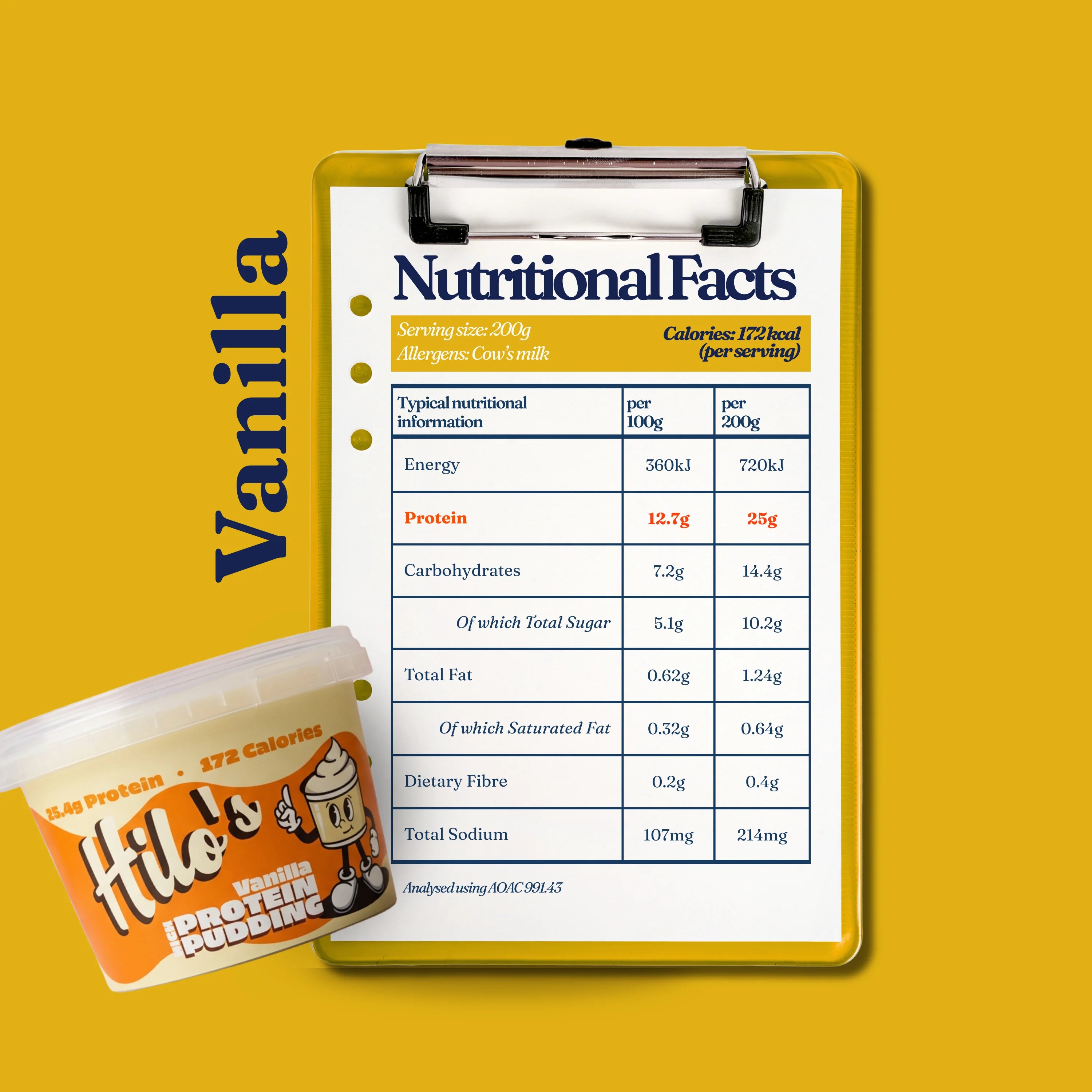 Nutritional facts of vanilla protein pudding on a yellow background