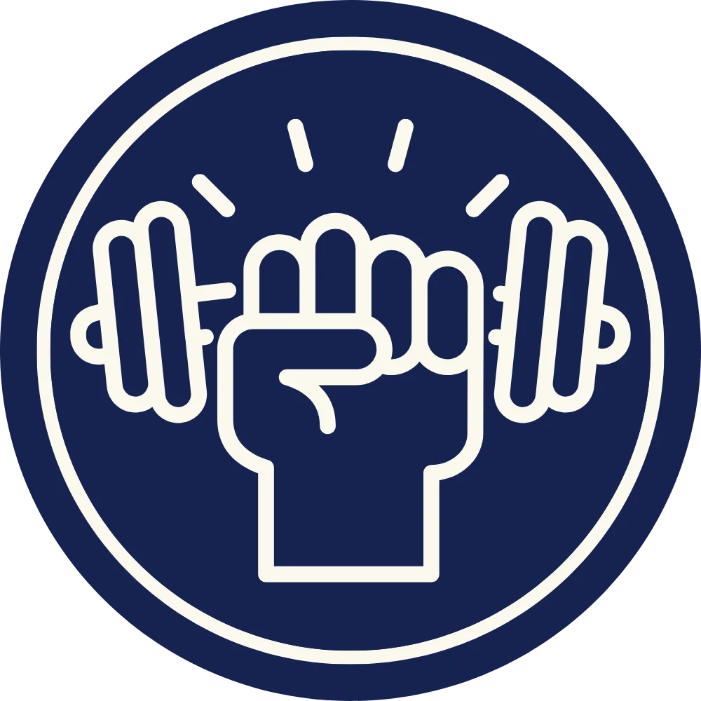 Outline of a fist holding a barbell on a blue circle background