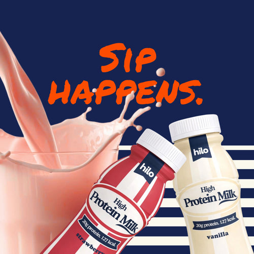 Two bottles of hilo High Protein Milk with a splash effect and 'Sip Happens' text on a blue and white striped background.
