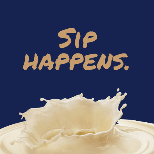 Milk splash with 'Sip Happens' text on a blue background