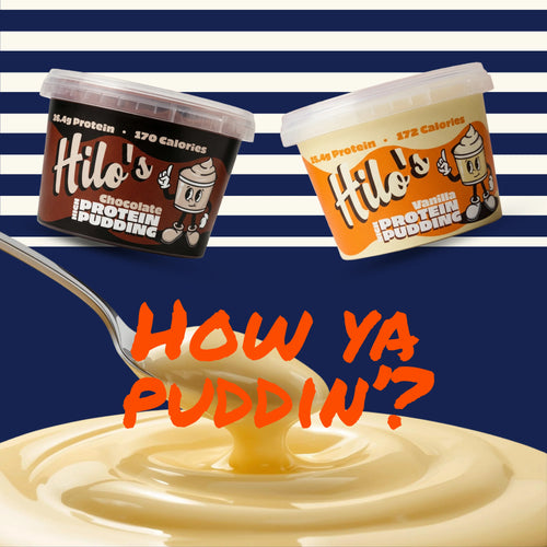 Two containers of Hilo's protein pudding with a spoonful of pudding and text  saying "How ya Puddin?" on a blue and white striped background.
