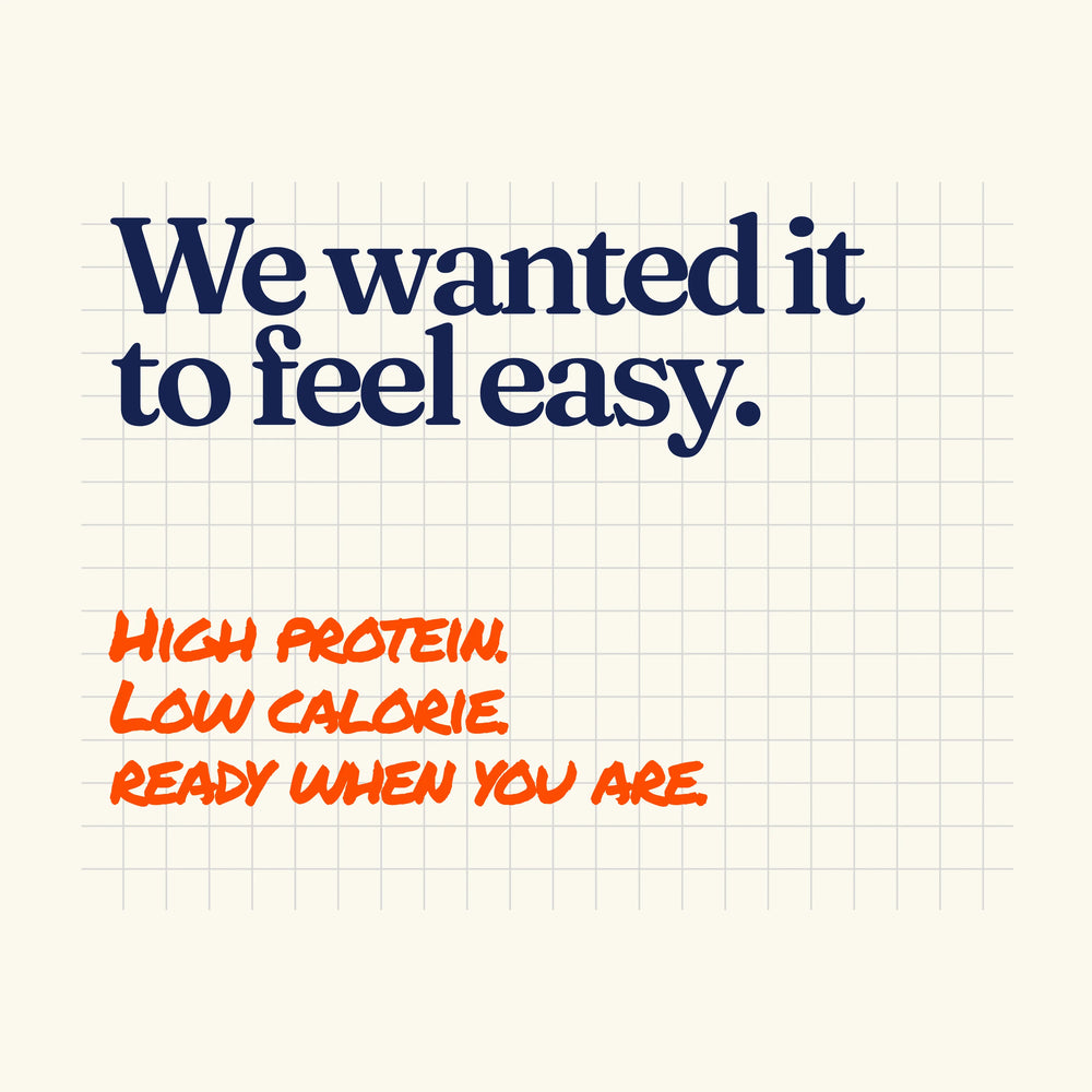 Text on a white background with 'We wanted it to feel easy' in blue and 'High protein, low calorie, ready when you are' in orange.