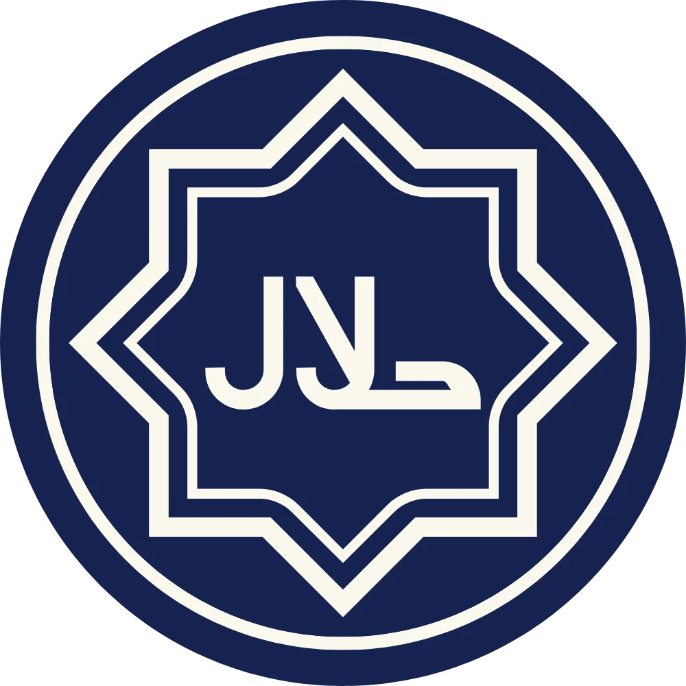 Halaal logo  enclosed in a Islamic star shape on a blue background