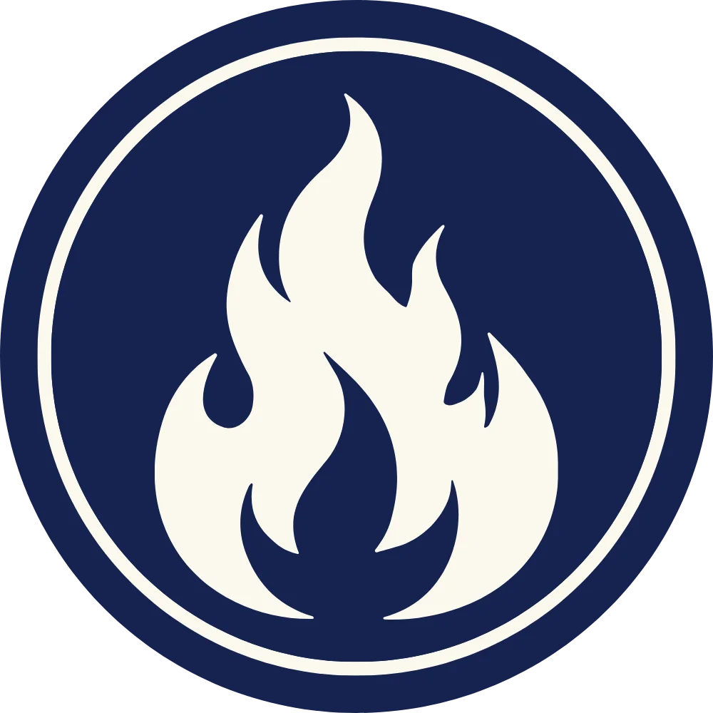 White flame symbol on a blue background